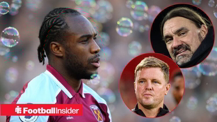Michail Antonio on the left surrounded by bubbles in a West Ham shirt with Daniel Farke and Eddie Howe on the right looking at him