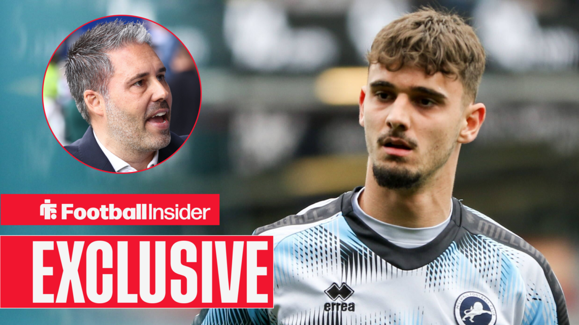 Millwall striker Mihailo Ivanovic in a training kit looking at Leicester manager Marti Cifuentes who is shouting