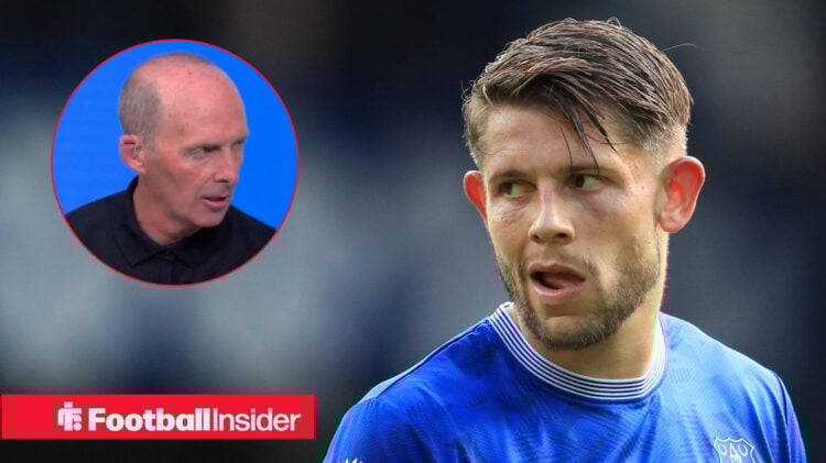 Mike Dean looking serious on the left with James tarkowski on the right with his tongue in his mouth