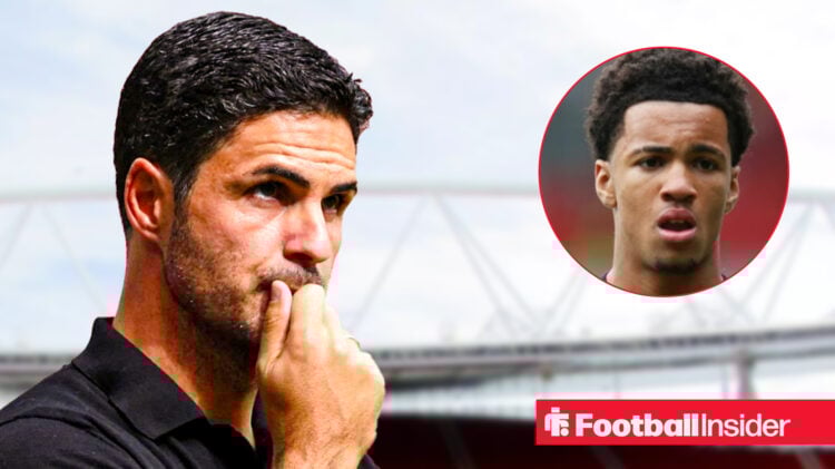 Mikel Arteta against a back drop of Emirates Stadium alongside a head shot of Ethan Nwaneri