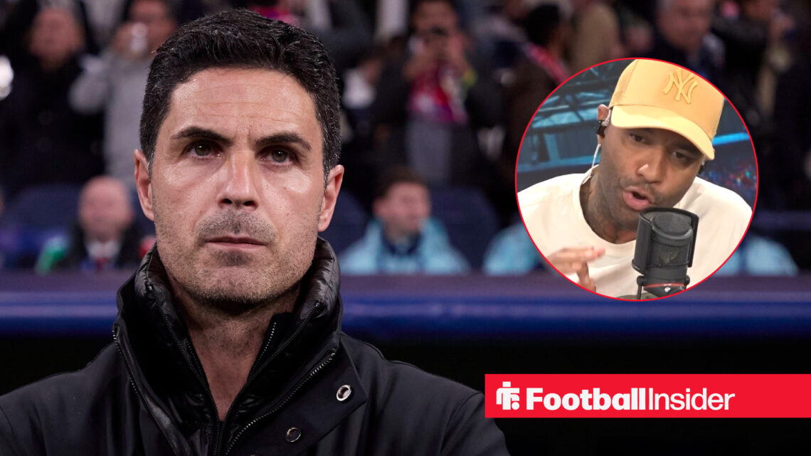 Arsenal manager Mikel Arteta on the sideline before a match, next to an image of Jermaine Pennant.