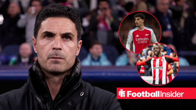 Mikel Arteta looks on from the sidelines, next to images of Kai Havertz and Yoane Wissa