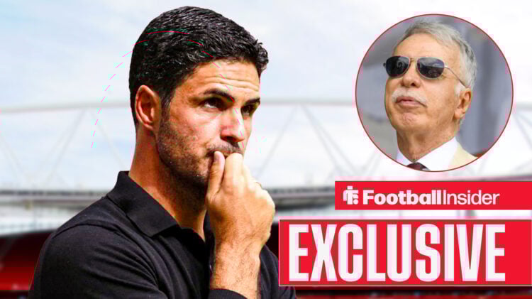 Mikel Arteta in a black shirt, Stan Kroenke in a circular inset.