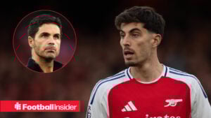 Mikel Arteta on the left looking worried with Kai Havertz on the right looking ready to receive the ball