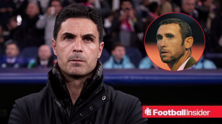 Mikel Arteta on the left looking serious with Martin Keown on the right