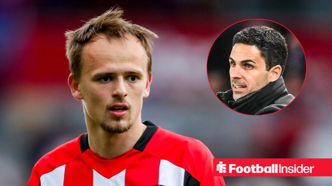 Mikkel Damsgaard of Brentford looking focused with Mikel Arteta on the right looking focused