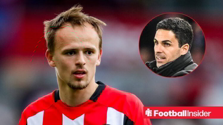 Mikkel Damsgaard of Brentford looking focused with Mikel Arteta on the right looking focused