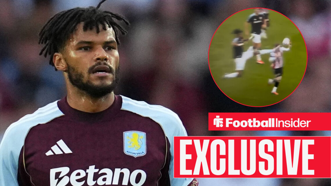 Tyrone Mings looks across at his high foot on Keane Lewis-Potter in a circular inset