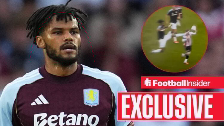 Tyrone Mings looks across at his high foot on Keane Lewis-Potter in a circular inset