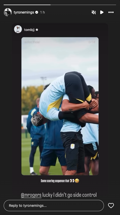 Morgan Rogers and Tyrone Mings wrestling each other on an Instagram post