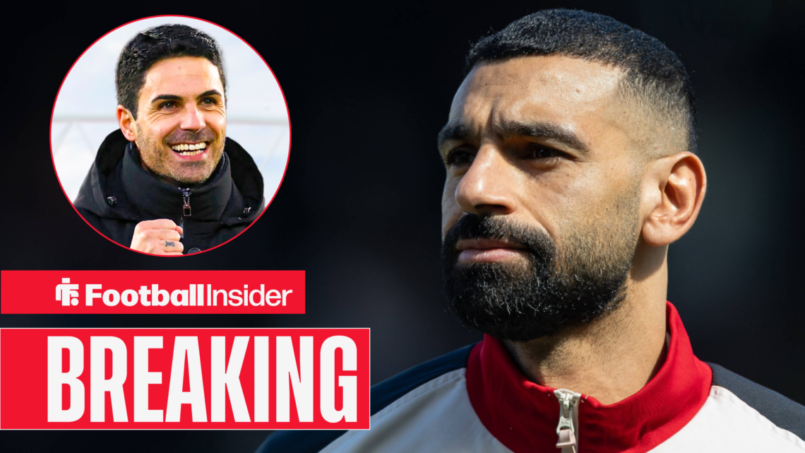 Breaking banner over Liverpool's Mo Salah, who is lining up before a game looking at Arsenal manager Mikel Arteta who is smiling at him