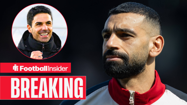 Breaking banner over Liverpool's Mo Salah, who is lining up before a game looking at Arsenal manager Mikel Arteta who is smiling at him