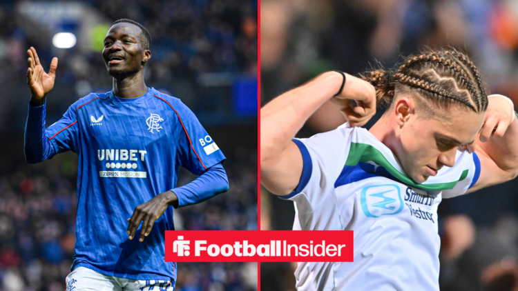 Mohamed Diomande in a blue Rangers kit and Thelo Aasgaard in a white Wigan kit