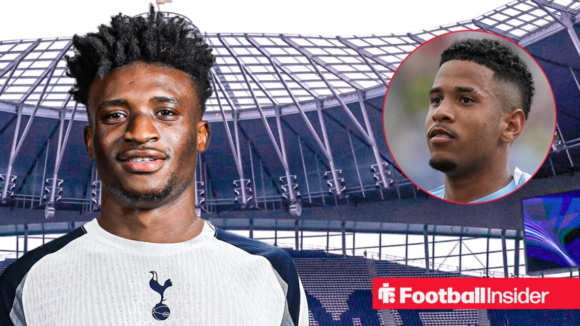 Tottenham's Mohammed Kudus against a backdrop of the Tottenham Hotspur Stadium alongside a headshot of Savinho.