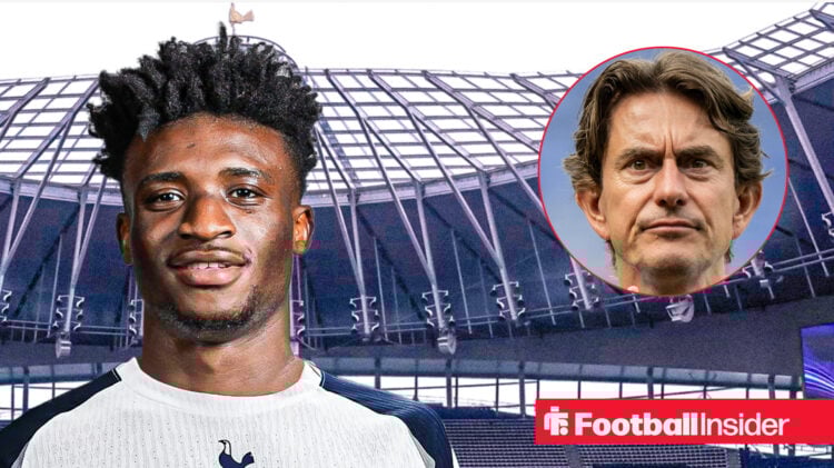 Mohammed Kudus with the Tottenham Hotspur Stadium in the background alongside a head shot of manager Thomas Frank