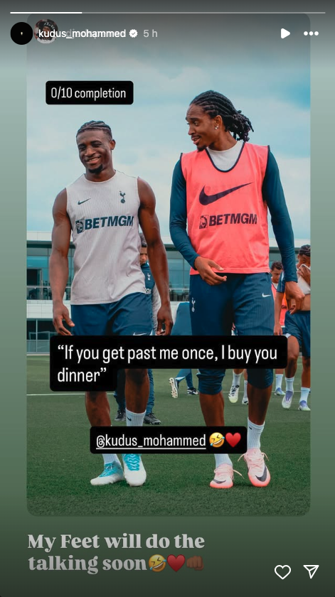 Mohammed Kudus and Djed Spence laughing in training for Tottenham