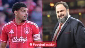 Morgan Gibbs looks on as Evangelos Marinakis is seen at Nottingham Forest