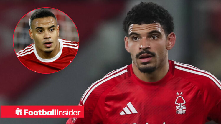 Morgan Gibbs-White in Nottingham Forest shirt with Murillo inset