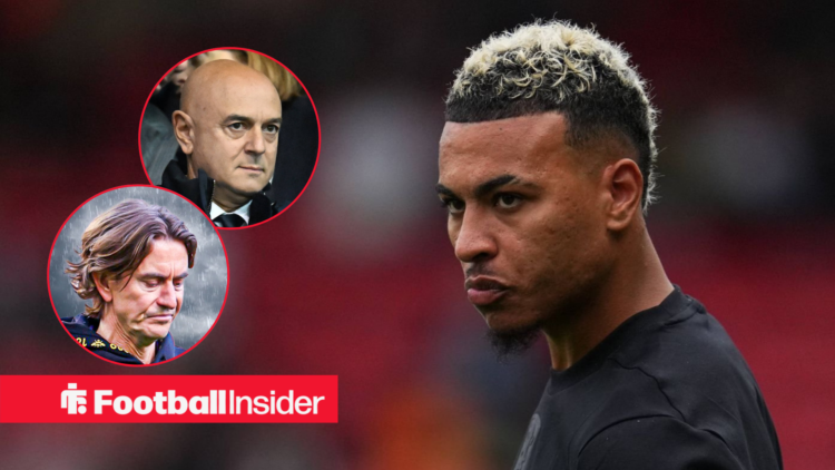 Aston Villa's Morgan Rogers frowns left while warming up, with Tottenham boss Thomas Frank looking upset in his direction and owner Daniel Levy loo...