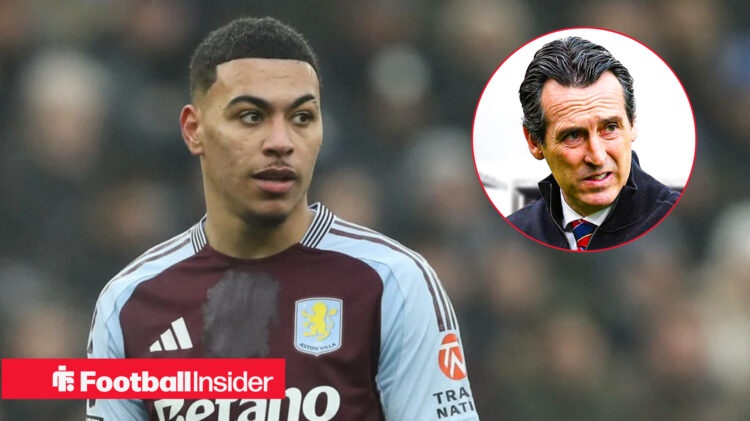 Morgan Rogers in home Aston Villa shirt with Unai Emery inset