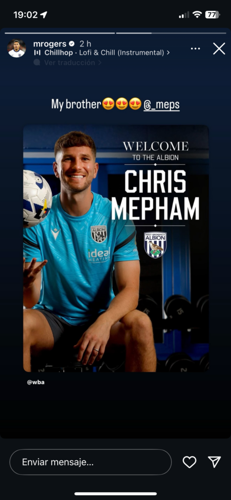 Morgan Rogers commenting my brother to Chris Mepham smiling holding a ball