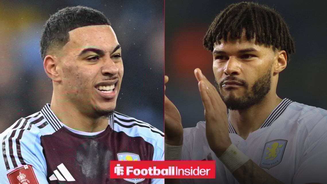 Morgan Rogers grimacing on the left with Tyrone Mings clapping on the right
