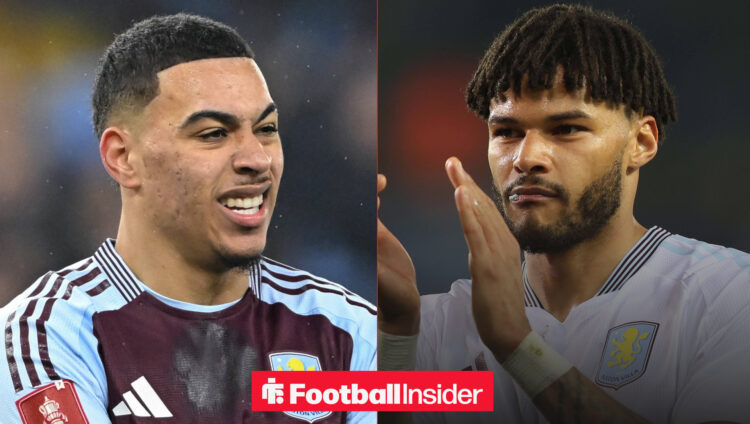 Morgan Rogers grimacing on the left with Tyrone Mings clapping on the right