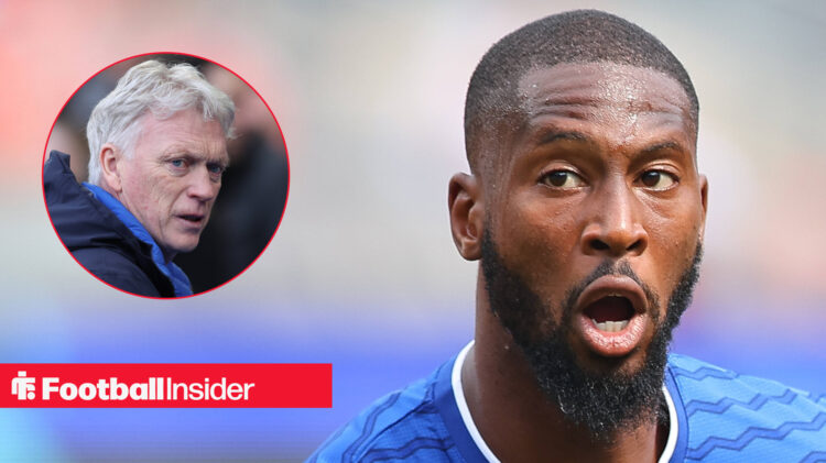 Beto in action for Everton during pre-season, next to an image of David Moyes looking angry
