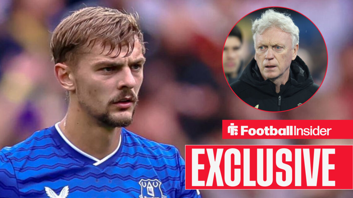 Kiernan Dewsbury-Hall in action for Everton, next to an image of David Moyes looking angry