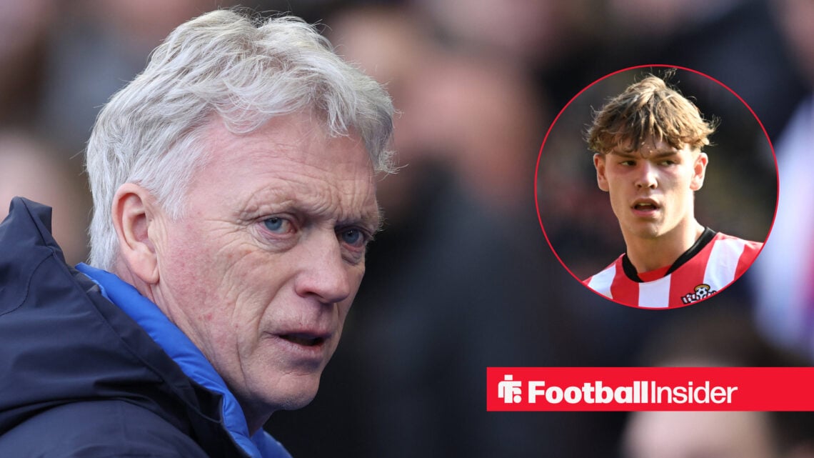David Moyes looks concerned during an Everton match, next to an image of Southampton's Tyler Dibling