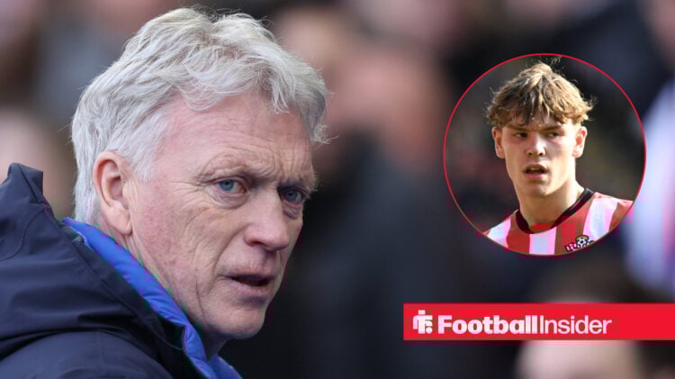 David Moyes looks concerned during an Everton match, next to an image of Southampton's Tyler Dibling