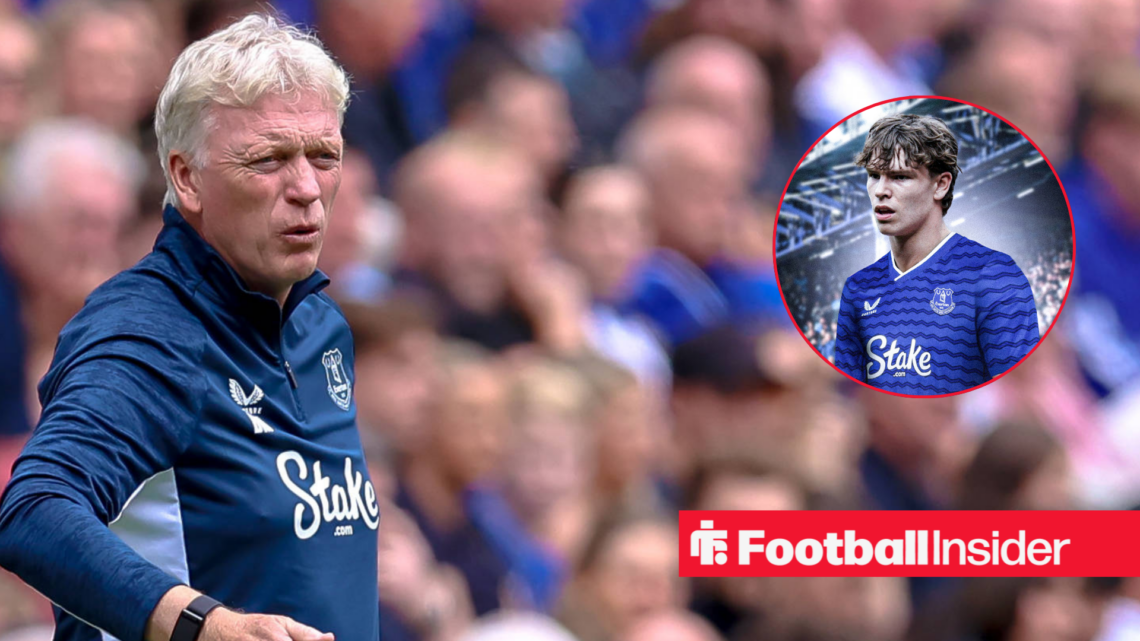 Everton manager David Moyes shouting on the sideline, next to an image of Tyler Dibling depicted in an Everton kit.