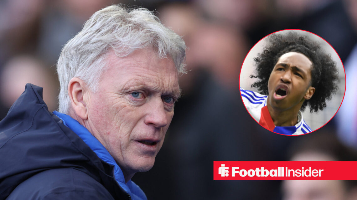 Everton manager David Moyes looks angry during a match at Goodison Park, alongside an image of Lyon winger Malick Fofana