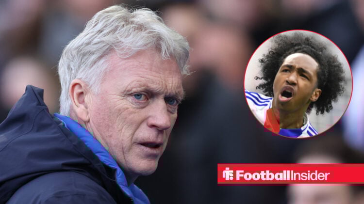 Everton manager David Moyes looks angry during a match at Goodison Park, alongside an image of Lyon winger Malick Fofana