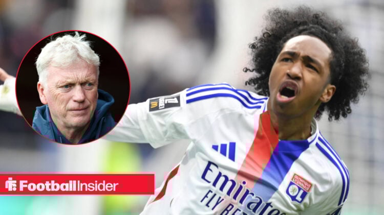 Lyon winger Malick Fofana celebrates scoring a goal, next to an image of David Moyes