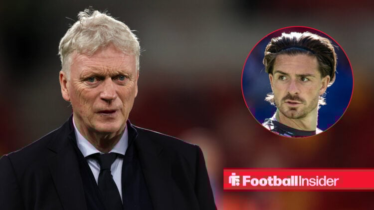 Everton manager David Moyes looks concerned, next to an image of Jack Grealish warming up