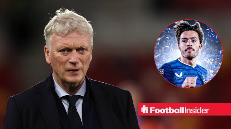 Everton manager David Moyes looking on next to an image of Jack Grealish in an Everton shirt.