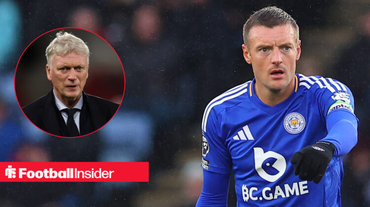 Jamie Vardy in action in the Premier League with Leicester City, next to an image of Everton boss David Moyes.