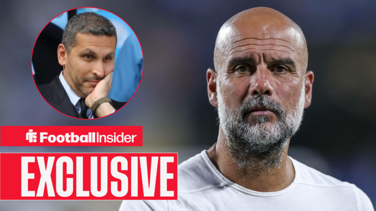 Pep Guardiola looks on as Khaldoon Al-Mubarak grimaces in circular inset