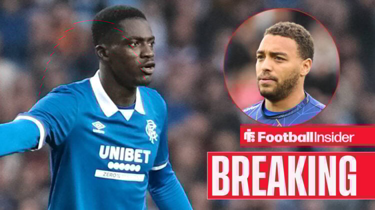 Rangers' Nasser Djiga pointing in action and teammate Cyriel Dessers looking at him