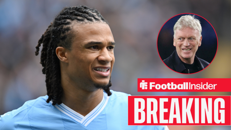 Nathan Ake in action for Man City, with David Moyes in a circular inset