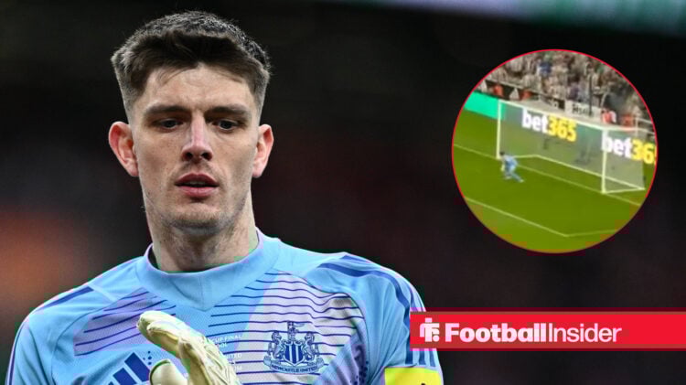 Newcastle goalkeeper Nick Pope in action, next to an image of him conceding a goal against Liverpool