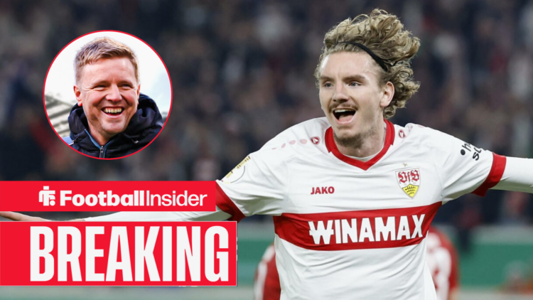 Nick Woltemade celebrating a goal for Stuttgart with Newcastle manager Eddie Howe smiling right inset
