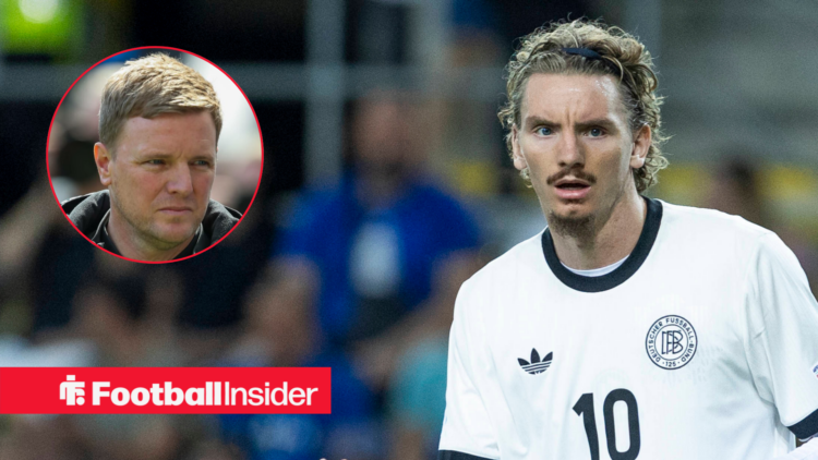 Striker Nick Woltemade in action for Germany, alongside a circular inset of Newcastle manager Eddie Howe