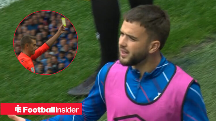 Nico Raskin reacts to a booking on the touchline at Ibrox.