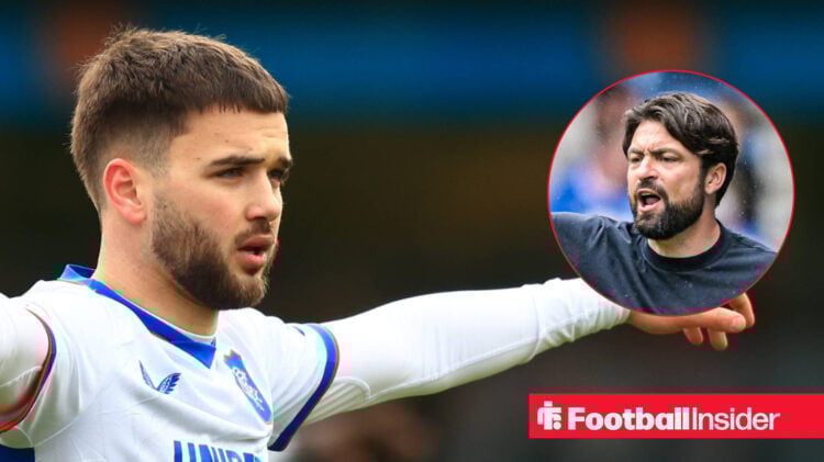 Rangers midfielder Nico Raskin and Rangers manager Russel Martin.