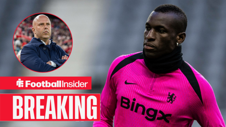 Nicolas Jackson in a pink Chelsea kit, Arne Slot in a circular inset