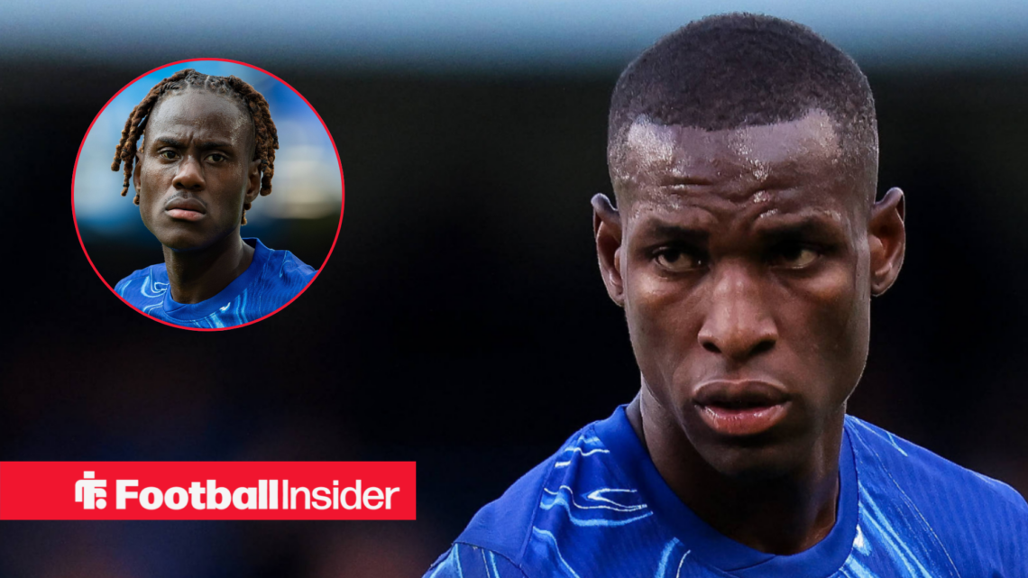 Nicolas Jackson in Chelsea shirt with Trevoh Chalobah circle inset