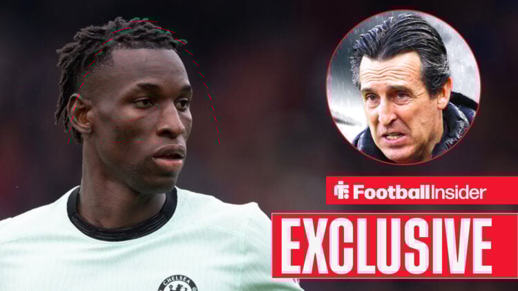 Chelsea striker Nicolas Jackson, alongside a circular inset of Aston Villa manager Unai Emery