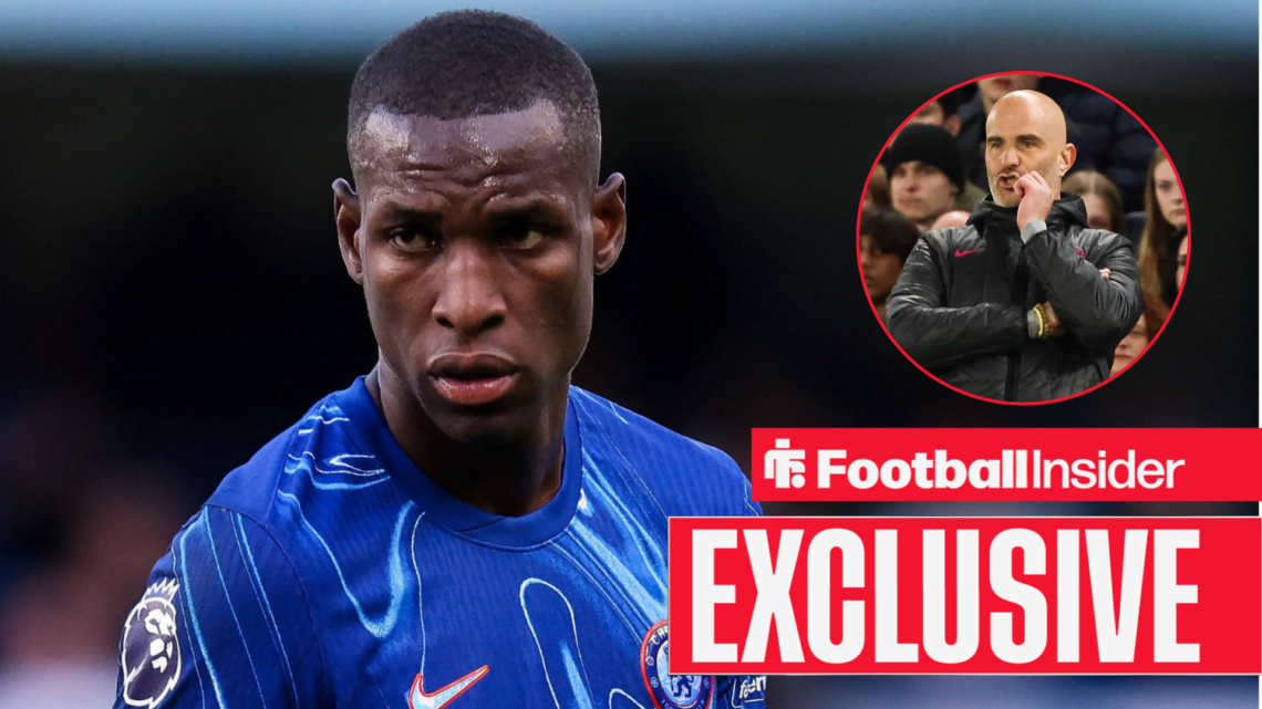 Chelsea striker Nicolas Jackson alonsgide boss Enzo Maresca in a circular frame